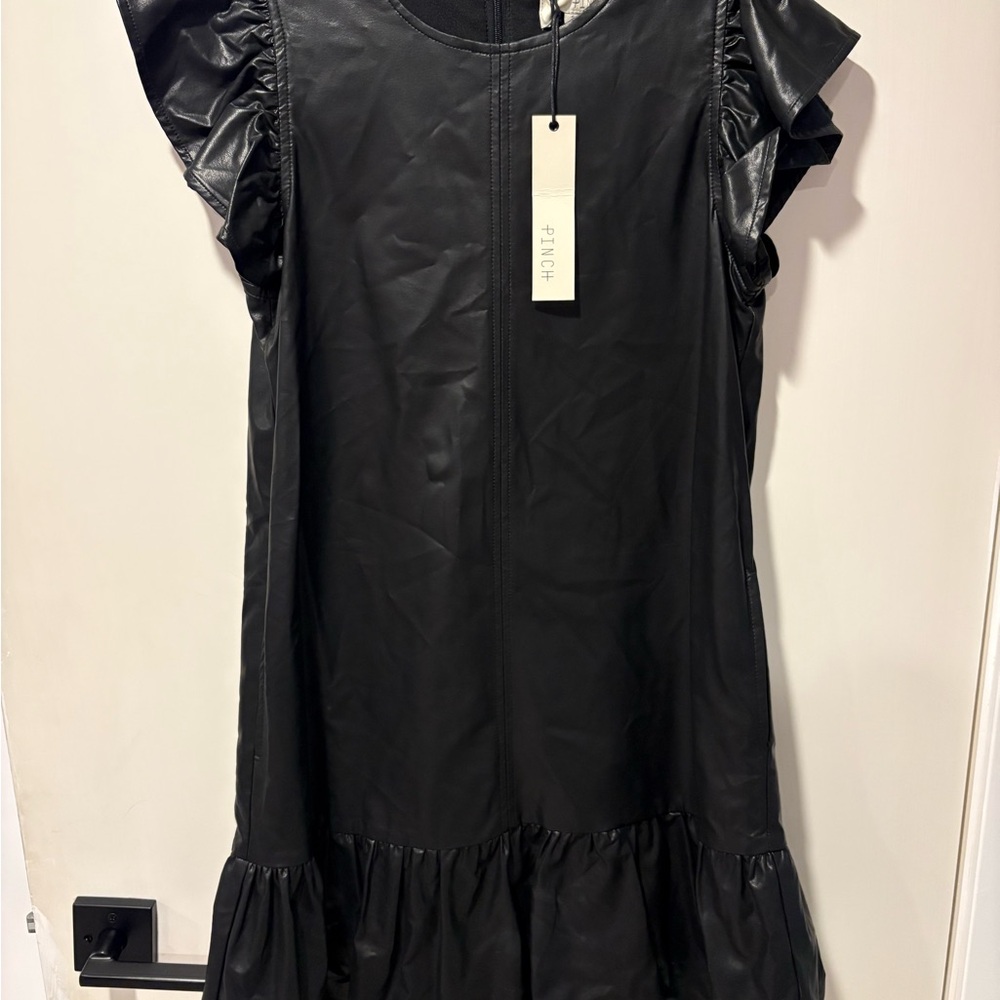Black Pinch Faux Leather Ruffle-Sleeve Dress